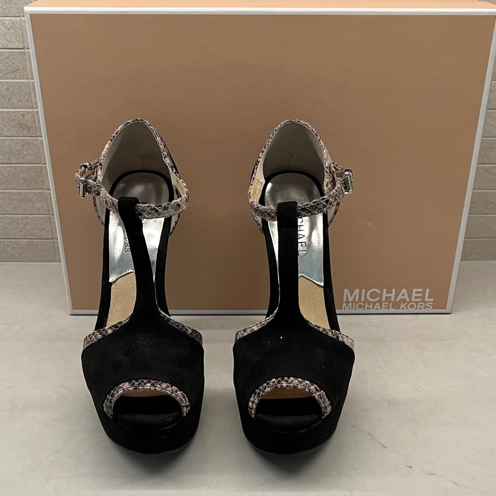 Michael Kors Black Suede T-Strap Platform Sandals with Snakeskin Trim